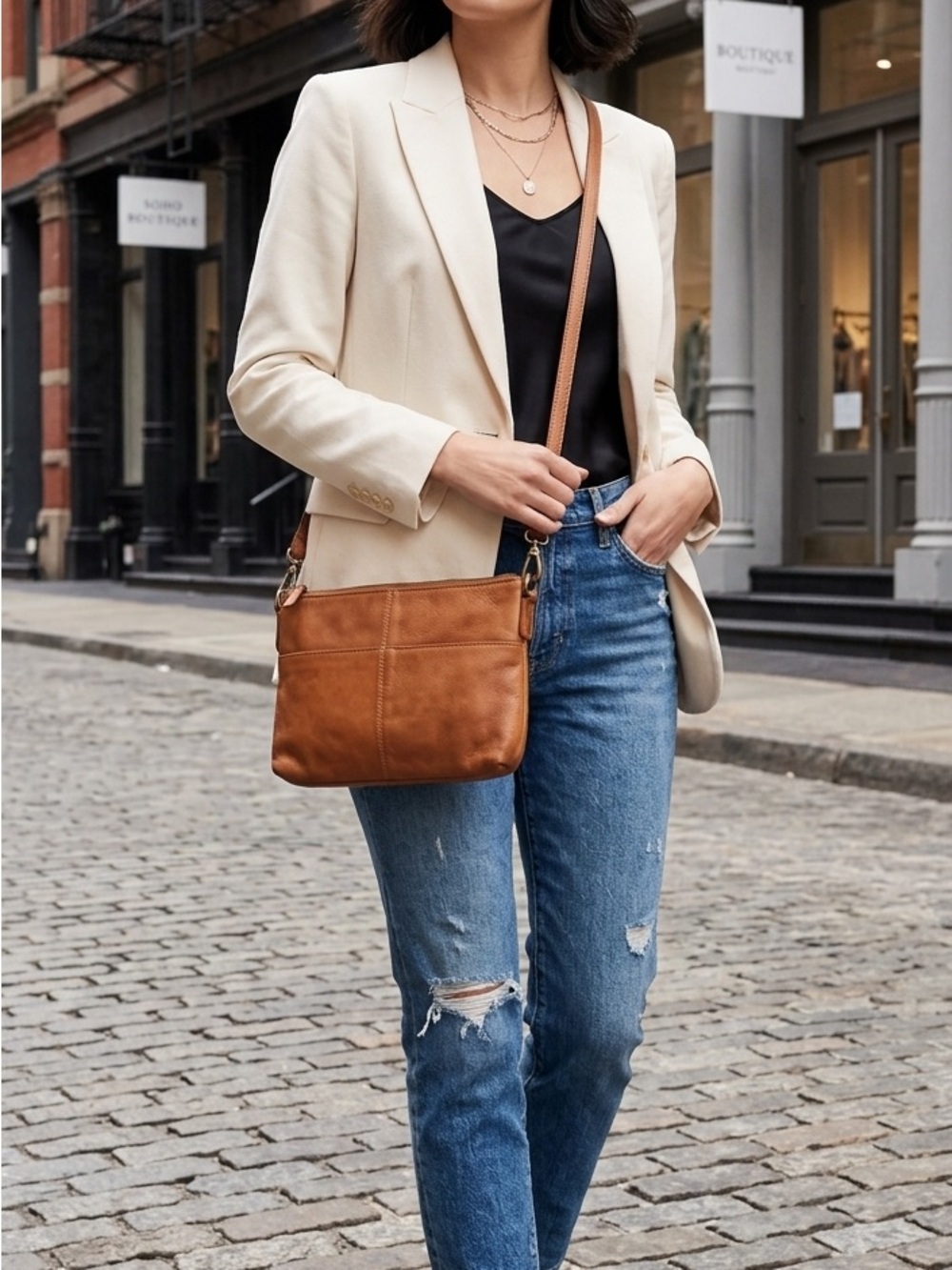 Margot New York Cognac Pebbled Leather Crossbody Bag - Soft Patina